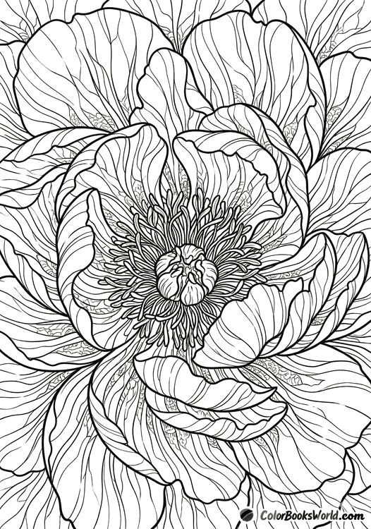 Macro close-up of a peony flower with layered petals and visible stamens in the center.