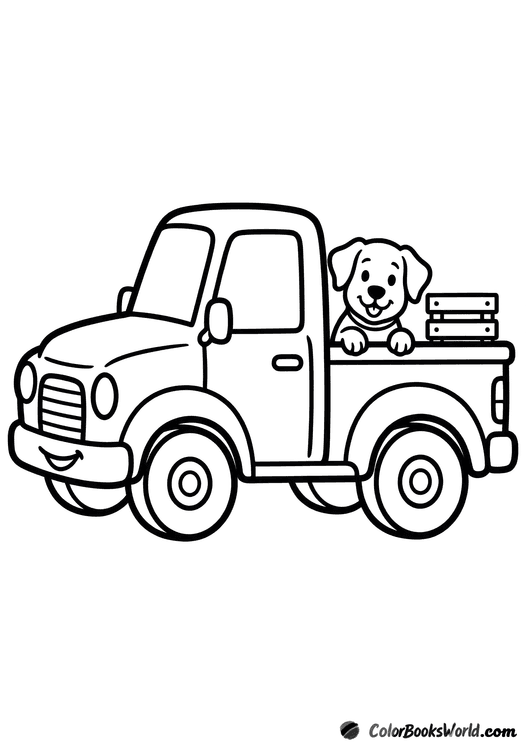 Cartoon pickup truck in side view with a friendly dog in the bed beside a wooden crate.
