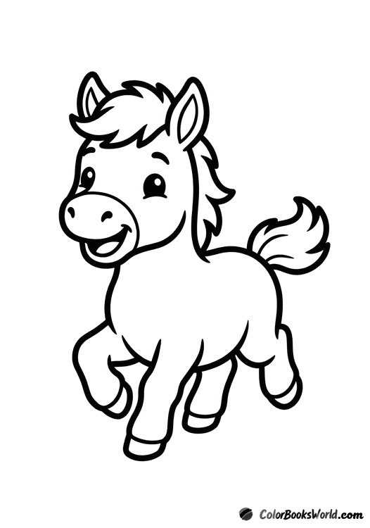 A cute foal runs forward with lifted front legs and perked ears.