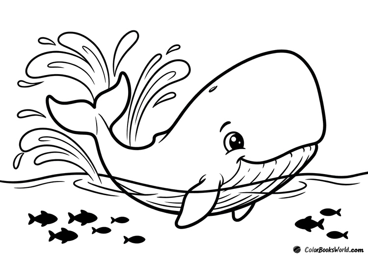 A cute cartoon sperm whale slaps the ocean surface with its tail, making big splashes above small fish.