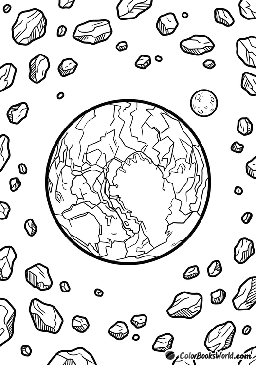 Pluto with a polygonal icy surface, a small moon, and Kuiper Belt objects nearby.