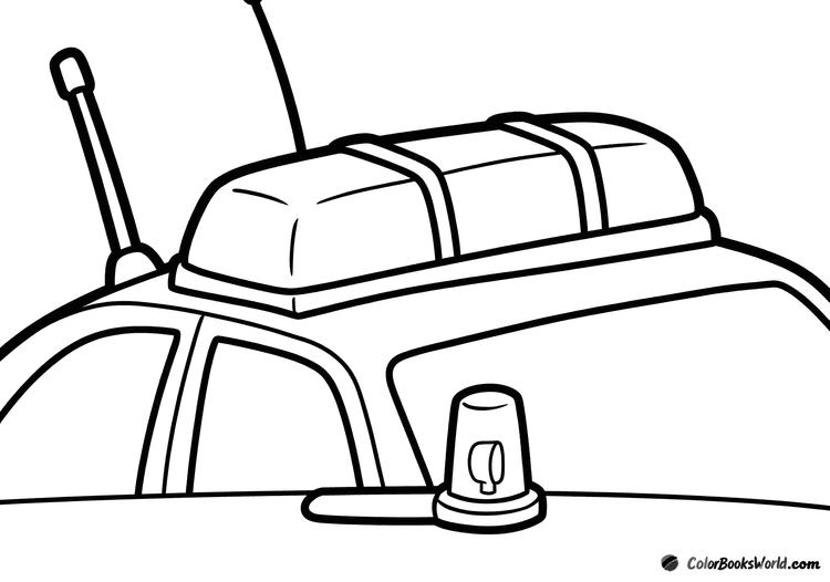 Close-up of a cartoon police car roof with a light bar, antennas, and a small siren on the ground.