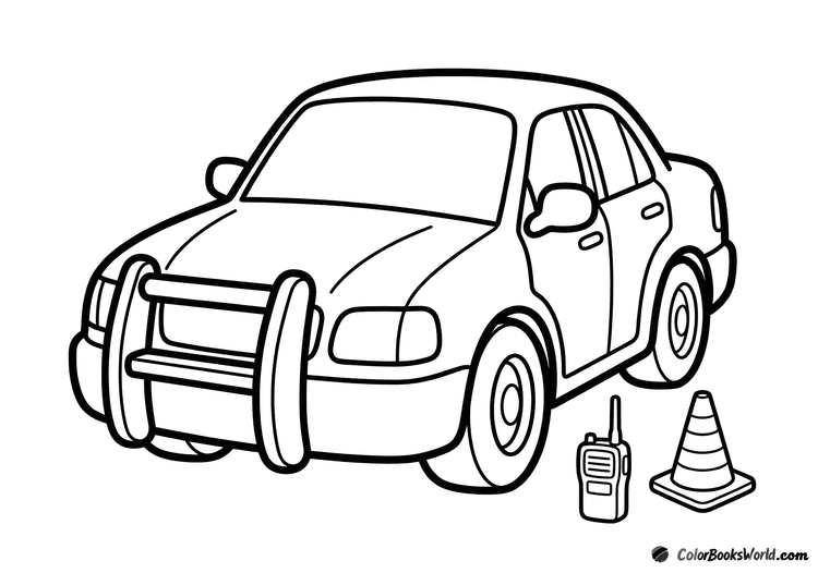 Cartoon police car with a front push bar, a handheld radio, and a traffic cone.