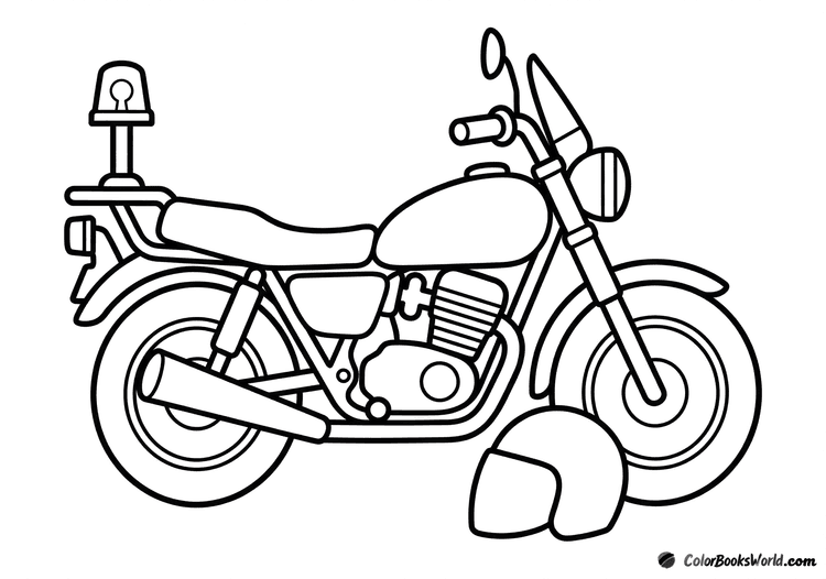 Cartoon police motorcycle with a rear siren light and a helmet on the ground beside the wheel.