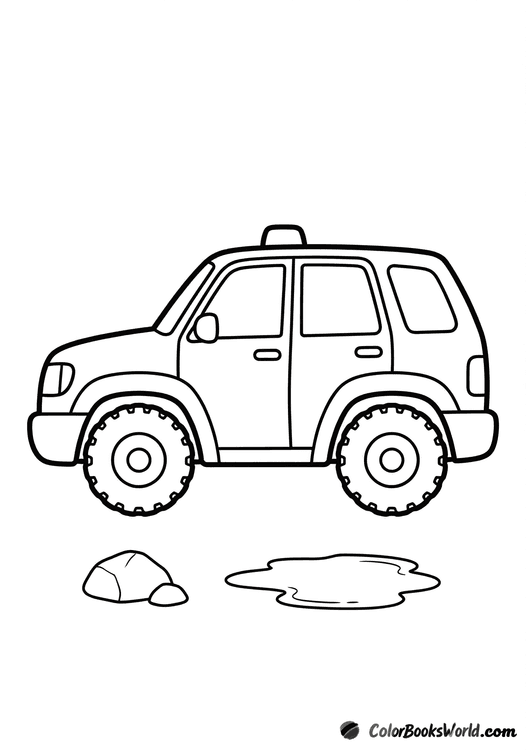 Side-view cartoon police SUV with oversized tires, a small rock, and a puddle outline.