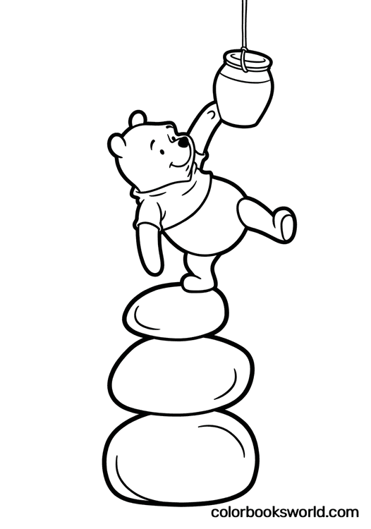 Winnie the Pooh balances on stacked stones, reaching for a hanging pot of hunny.