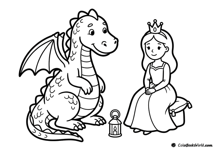 A friendly dragon sits protectively beside a princess near a lantern and a cushion.