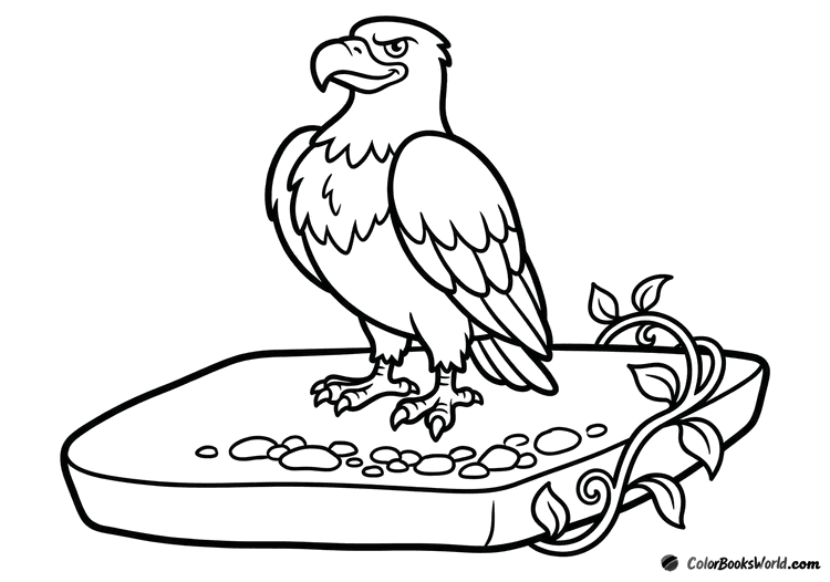 A proud cartoon eagle stands on a flat rock, chest puffed, beside a curled vine.