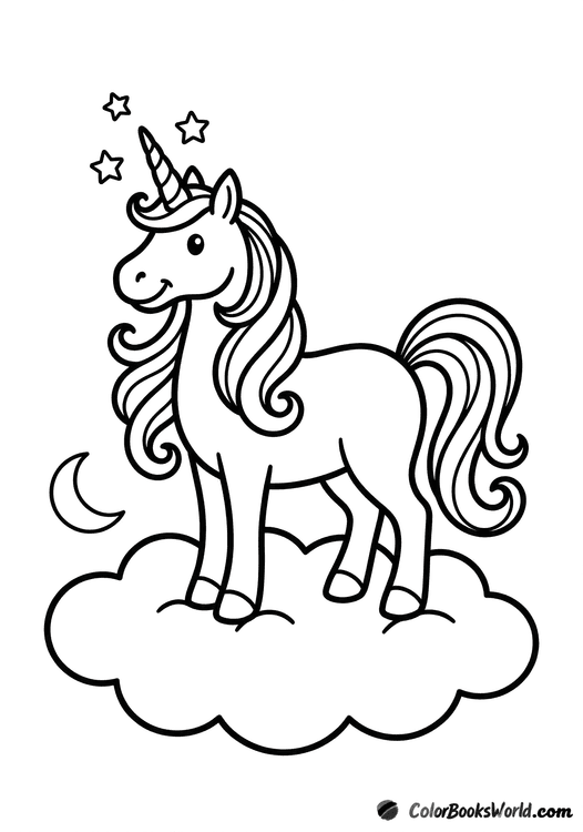 Cartoon unicorn standing on a fluffy cloud beneath a crescent moon and three stars.