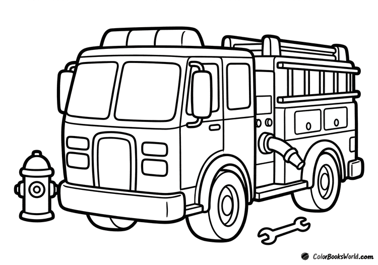 A pumper fire truck parked beside a fire hydrant, with a small wrench on the ground.