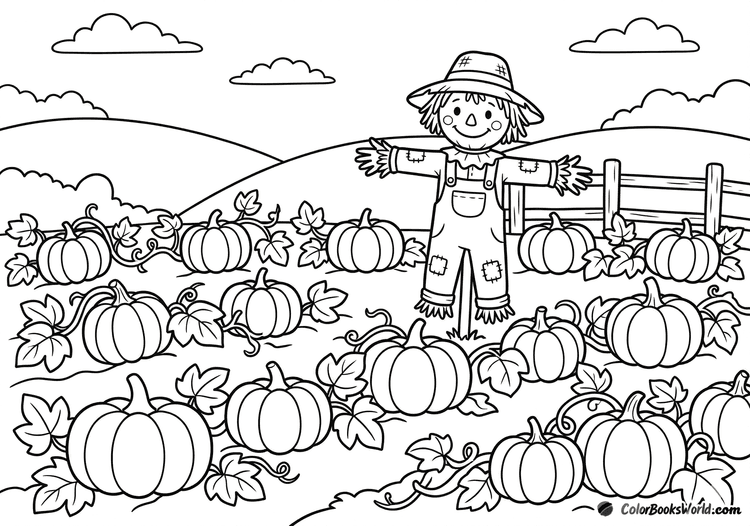 Smiling scarecrow in a pumpkin patch with rows of pumpkins and a small fence.
