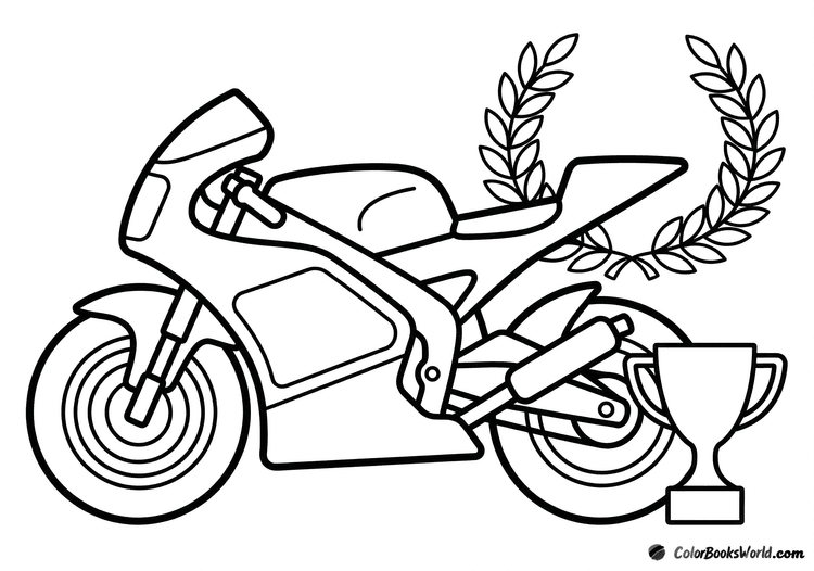 A racing motorcycle in profile with a winner’s trophy by the wheel and a laurel wreath behind it.