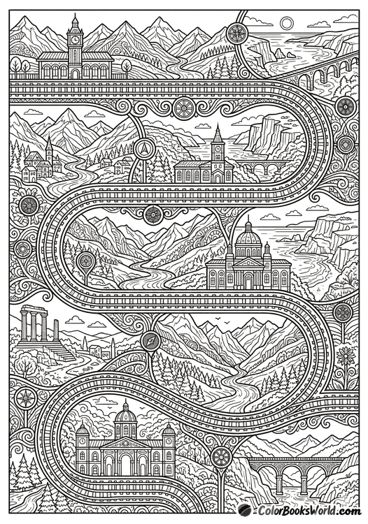 Detailed line art of a winding train track passing through mountains, bridges, and ornate station icons.