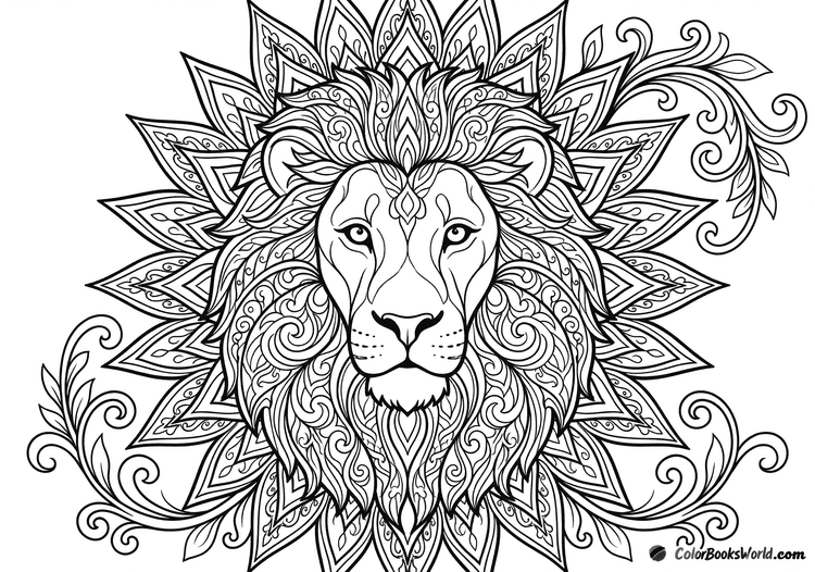 Majestic lion head framed by a sunray mandala mane with delicate botanical curls.