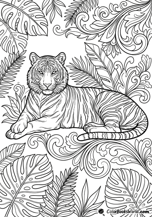 A detailed tiger reclining among large jungle leaves with stylized floral ornaments.