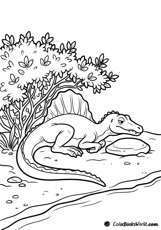 A young spinosaurus lies resting by a coastal shrub beside a flat stone, its sail visible.