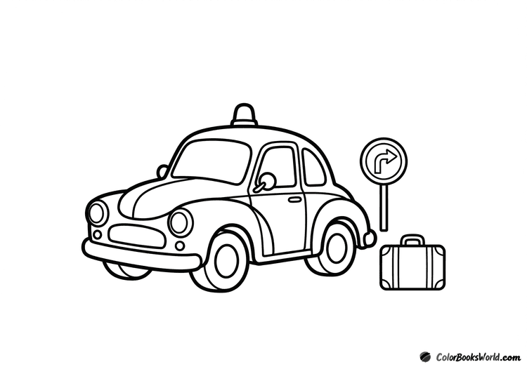Vintage cartoon police car in side view with a traffic sign and a small suitcase.
