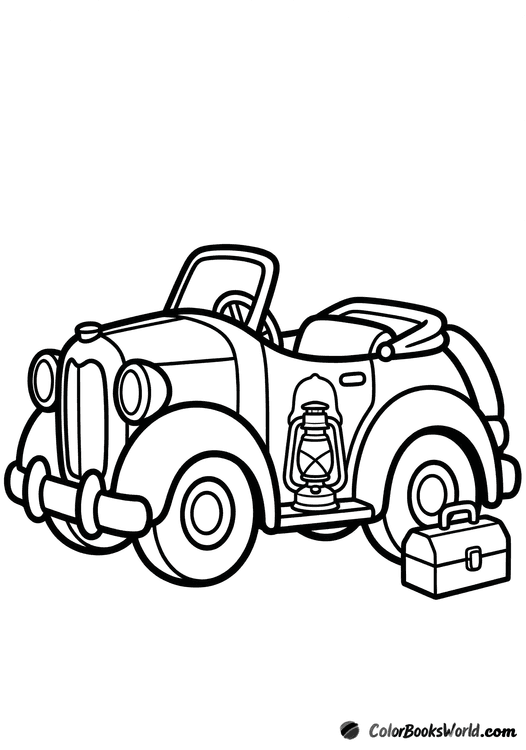 Cartoon retro roadster in side view with a classic lantern and a small toolbox.