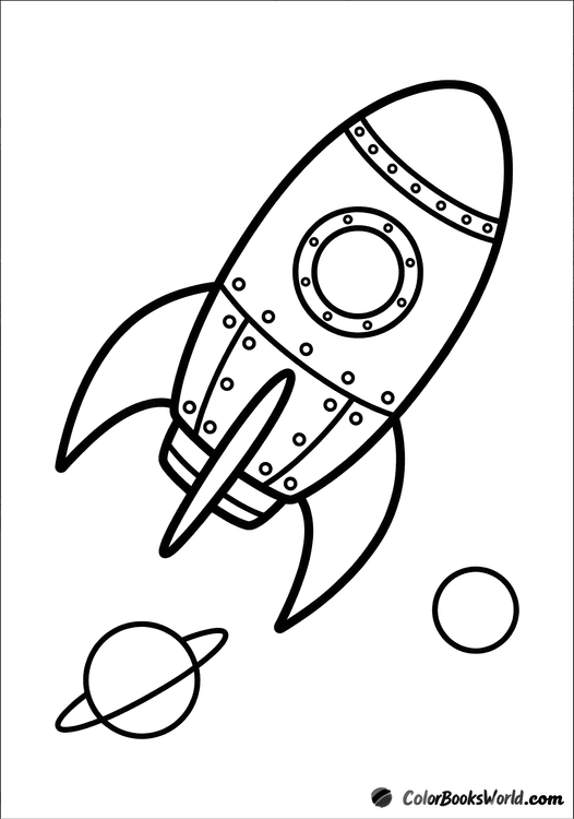 A retro rocket ship floats in space beside two small planets, one with a ring.