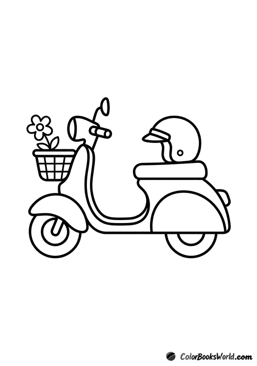 Cartoon retro scooter with a front basket holding a flower and a helmet on the seat.
