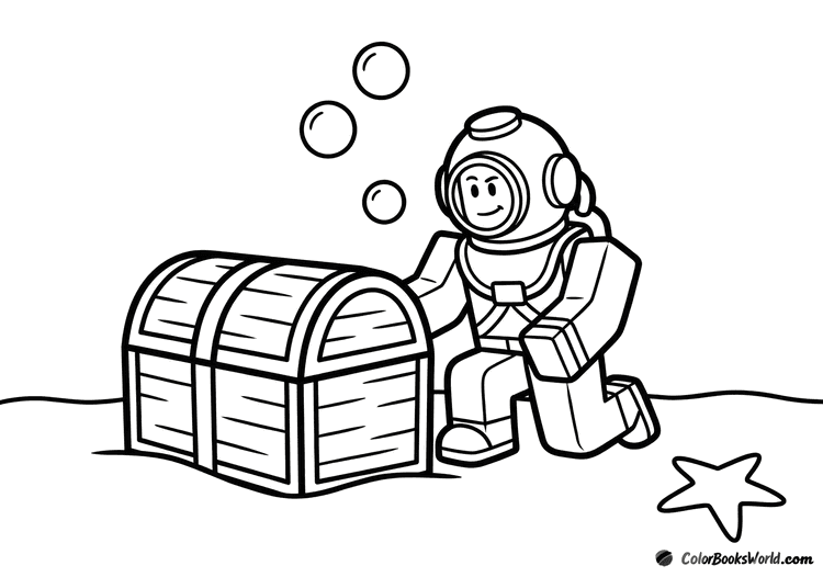 A Roblox diver kneels beside a closed treasure chest on the seafloor with bubbles and a starfish.