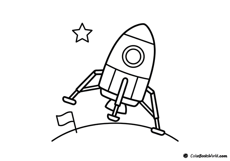 Cartoon moon lander with landing legs down on the lunar surface beside a small flag and one star.