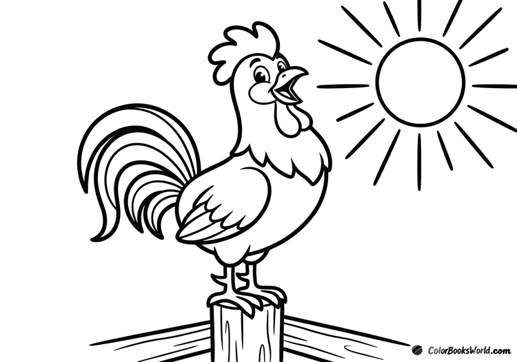 A cartoon rooster crowing on a wooden fence post with a stylized sun behind him.