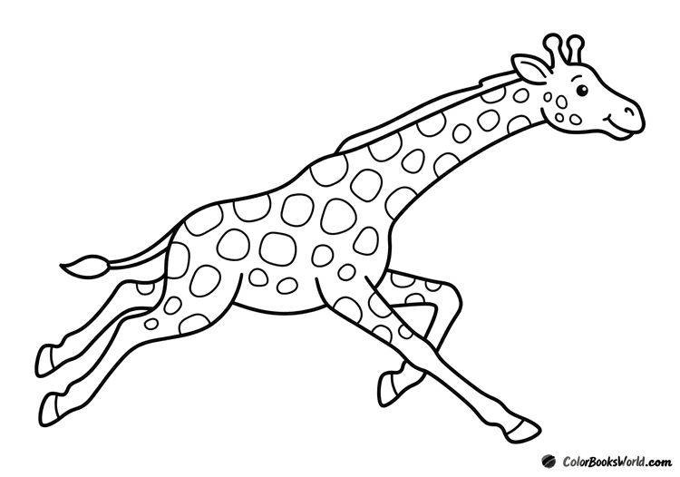 A simple cartoon giraffe running with its legs stretched out and big spots.