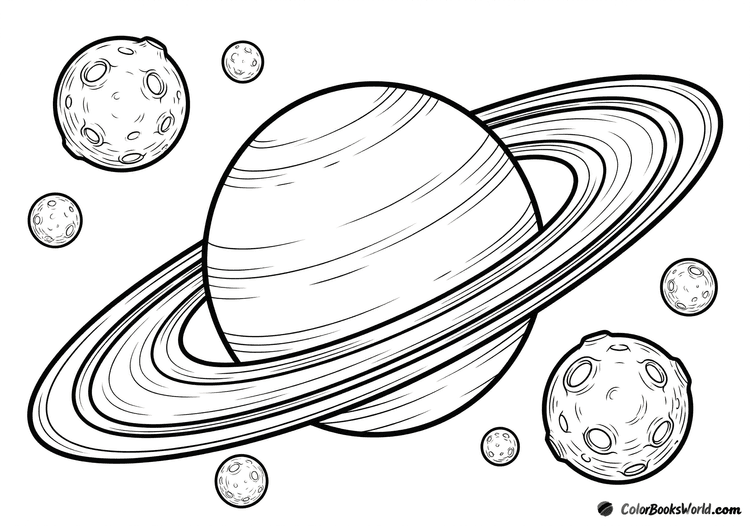 Saturn with wide concentric rings and several cratered moons floating in space.