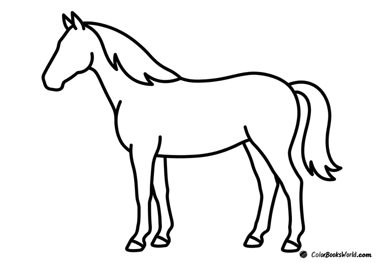 A standing horse shown in side profile with bold, clean outlines for easy coloring.