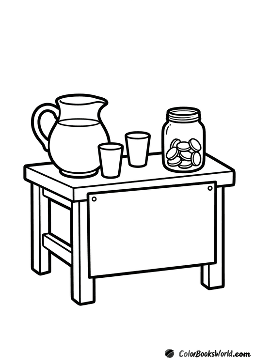 A simple lemonade stand on a table with a pitcher, two cups, a coin jar, and a blank sign.