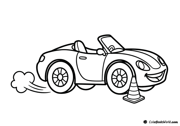 Cartoon sports convertible car driving past a traffic cone with a motion line.