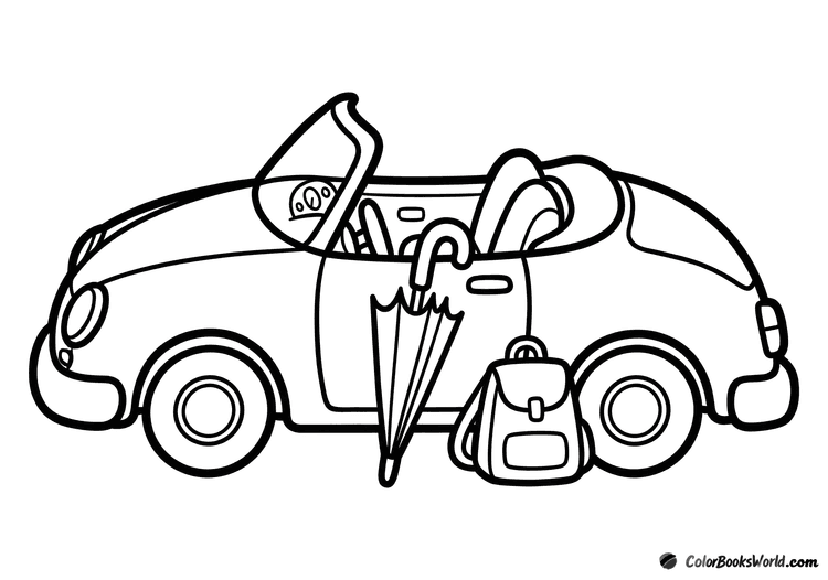 Cartoon roadster in side view with a backpack on the seat and a folded umbrella by the door.