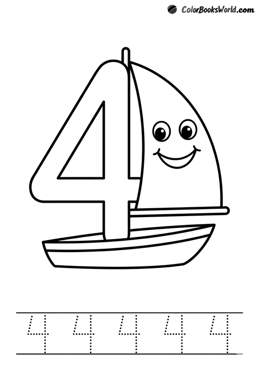 A cheerful sailboat shaped like the number four, with a smiling face on the sail.