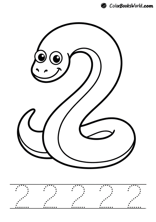 A smiling snake curved into the shape of the number 2, with dotted 2s for tracing below.