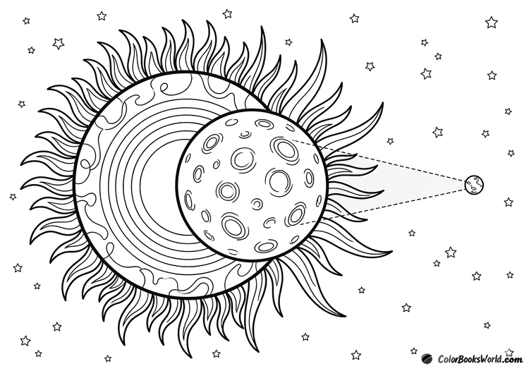 Total solar eclipse with the Moon covering the Sun, bright corona rays, and a starry background.