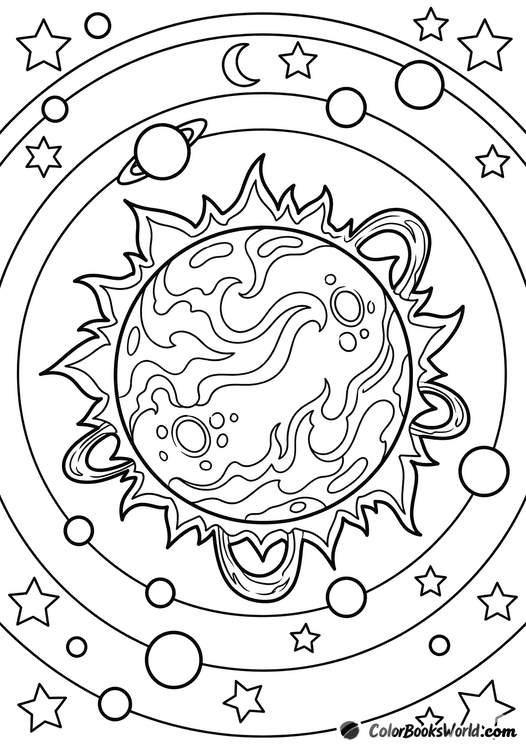 A radiant Sun with solar flares and sunspots, surrounded by planets on orbit lines.