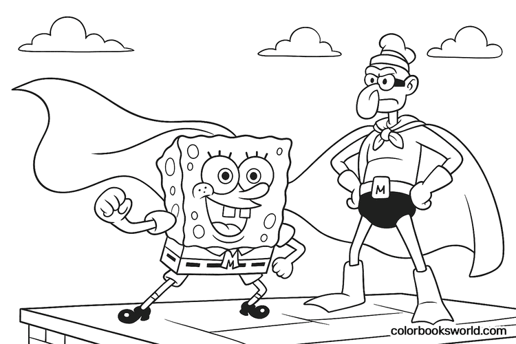 SpongeBob strikes a heroic pose on a rooftop as Mermaid Man stands beside him in a cape.