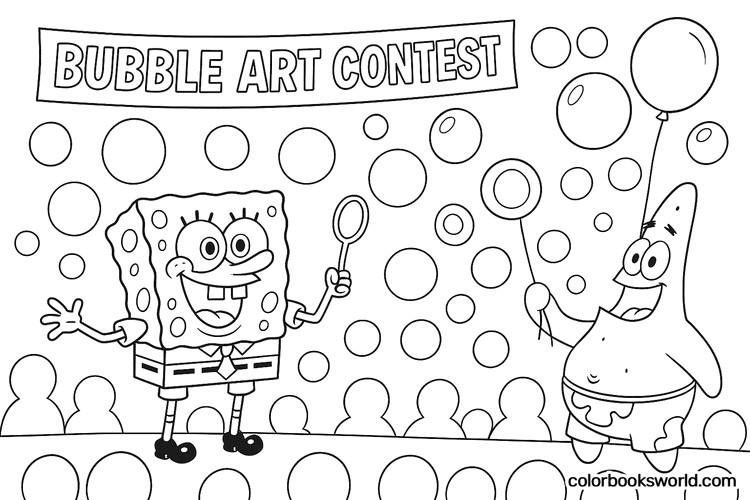 SpongeBob and Patrick on stage with bubble wands, floating bubbles, and a “Bubble Art Contest” banner above the audience.