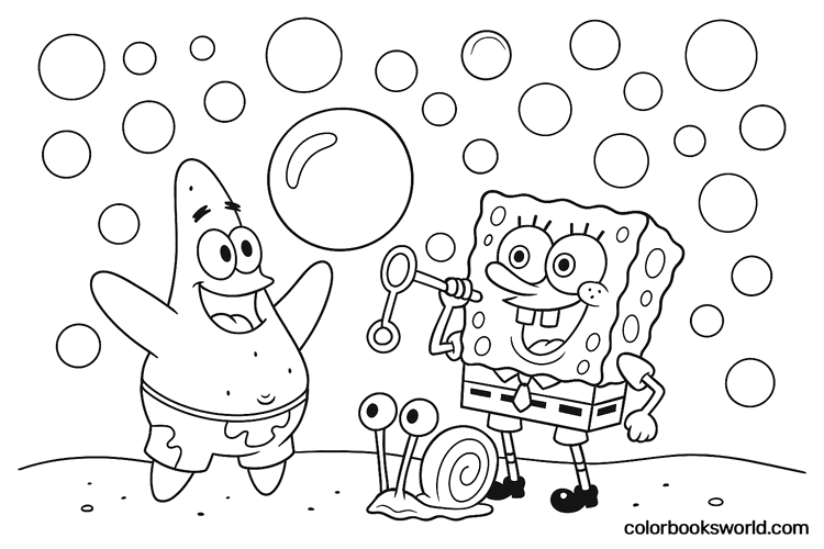 SpongeBob blows bubbles with a wand as Patrick cheers and Gary the snail watches on the sand.