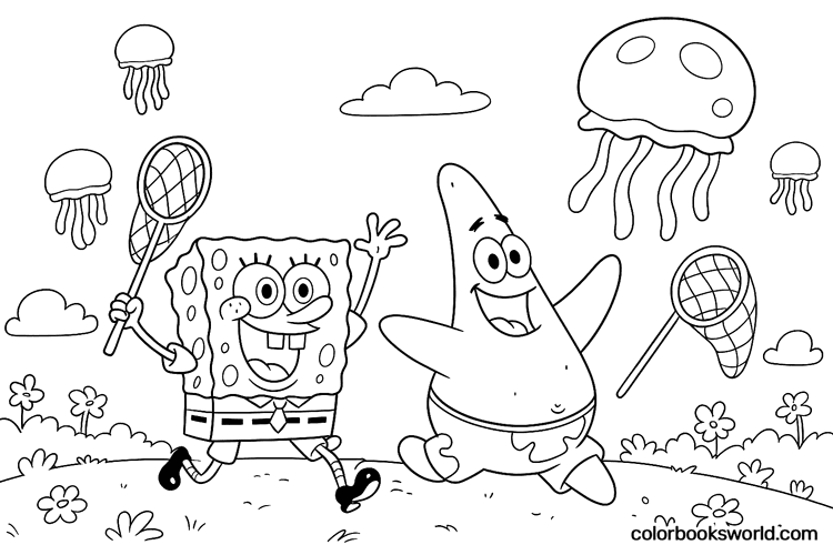 SpongeBob and Patrick run with nets, chasing jellyfish over a flower-dotted meadow.