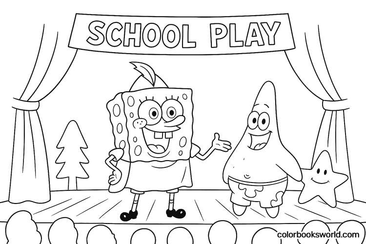 SpongeBob and Patrick perform on stage under a “School Play” banner with curtains, audience silhouettes, and a smiling star prop.
