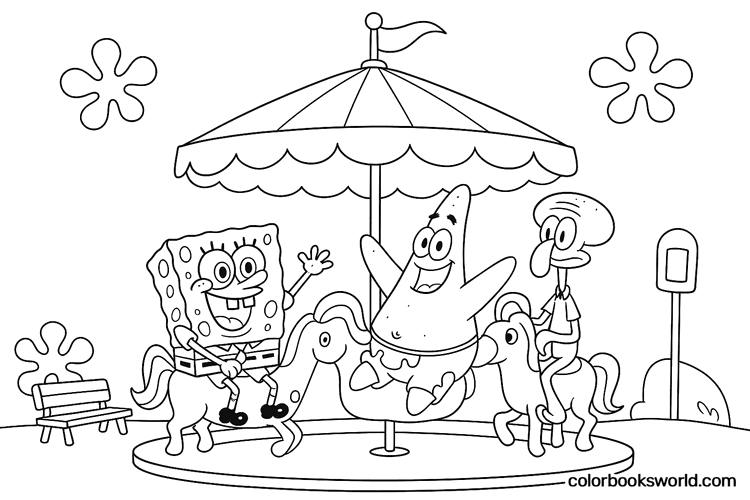 SpongeBob, Patrick and Squidward ride carousel horses under a striped canopy, with Patrick raising his arms.