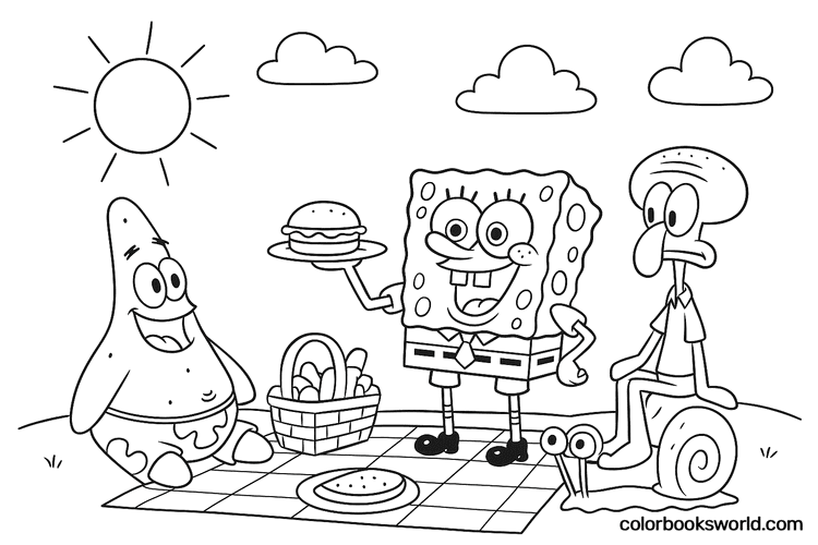 SpongeBob holds a Krabby Patty on a plate as Patrick sits on a picnic blanket and Squidward rests on Gary.