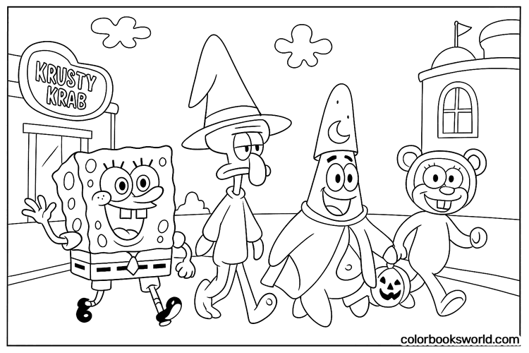 SpongeBob, Squidward, Patrick and Sandy in costumes walk past the Krusty Krab with a pumpkin bucket.