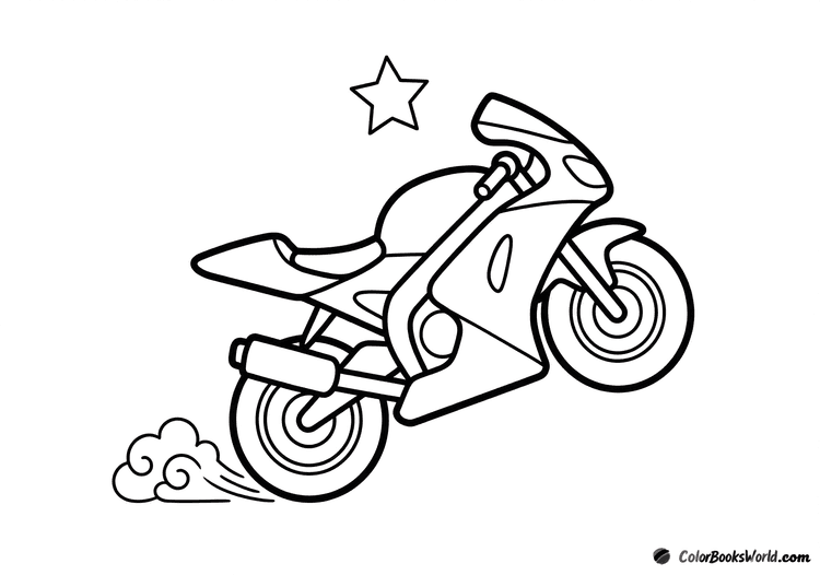 Cartoon sport motorcycle doing a wheelie, with a dust cloud and a speed star.