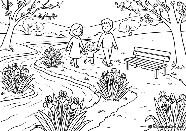 A family of three walks along a river path beside blooming irises and a wooden bench.