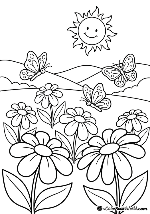 A wide spring meadow with large daisies, three butterflies, rolling hills, and a smiling sun.