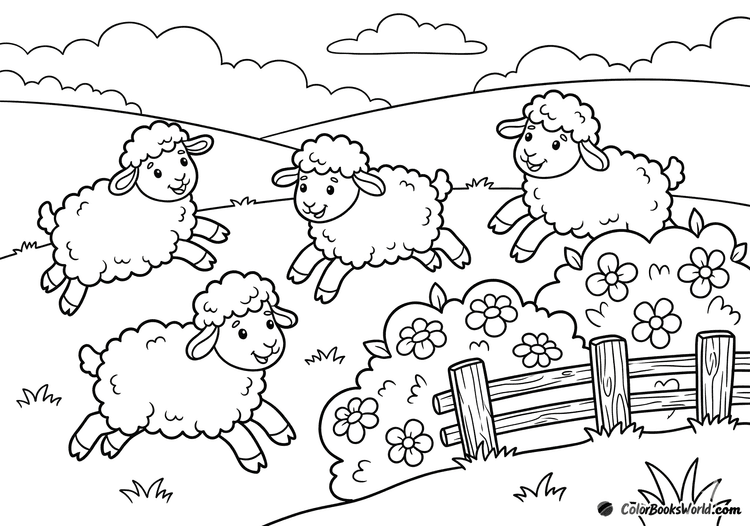 Three fluffy lambs leap on a spring pasture beside blossoming bushes and a low wooden fence.