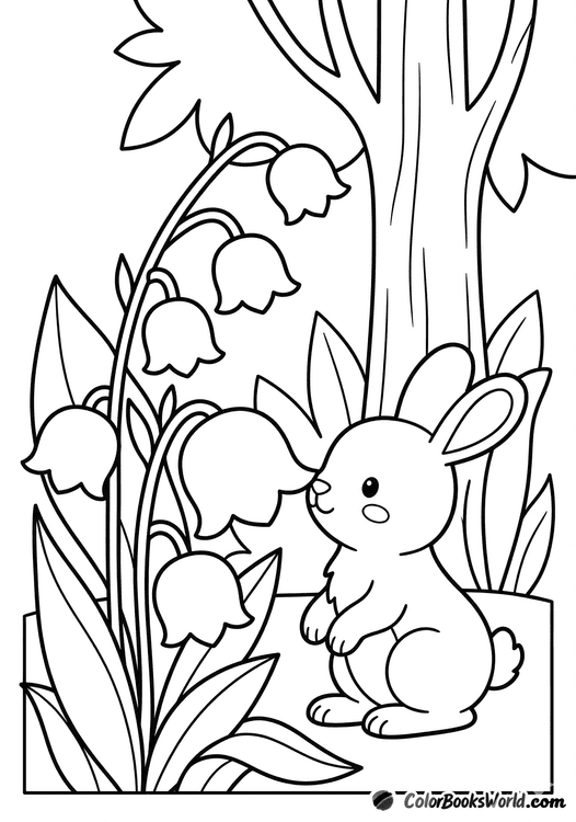 A friendly rabbit sniffing bell-shaped lily-of-the-valley flowers in a shady woodland grove.